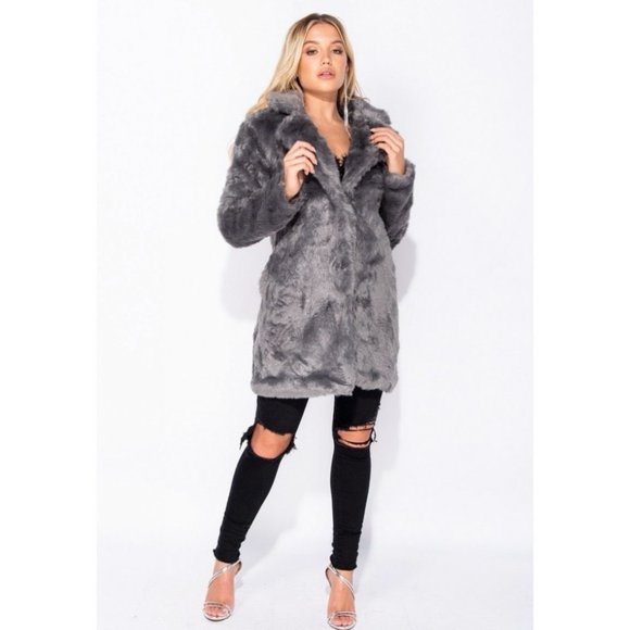 Gray Faux Fur Long Sleeve Collared Midi Coat - Picture 2 of 15